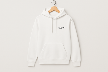 Hvid hoodie med ELS10 logo på bøjle