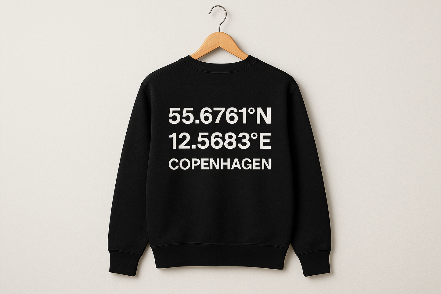 Sort sweatshirt bagside med koordinater på bøjle