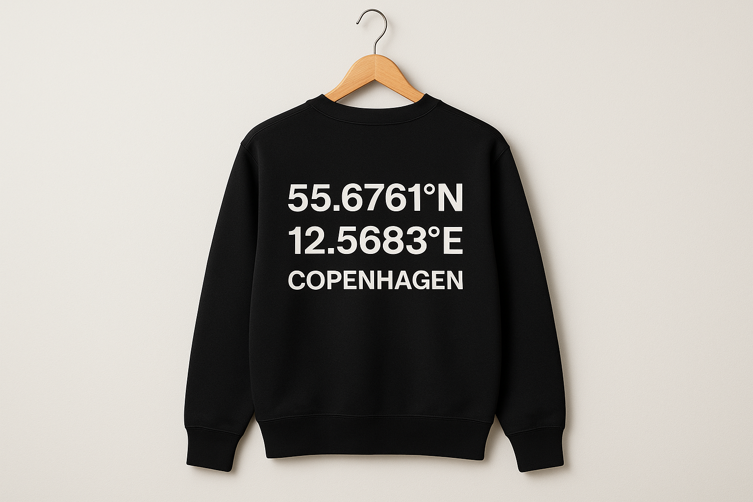 Sort sweatshirt bagside med koordinater på bøjle