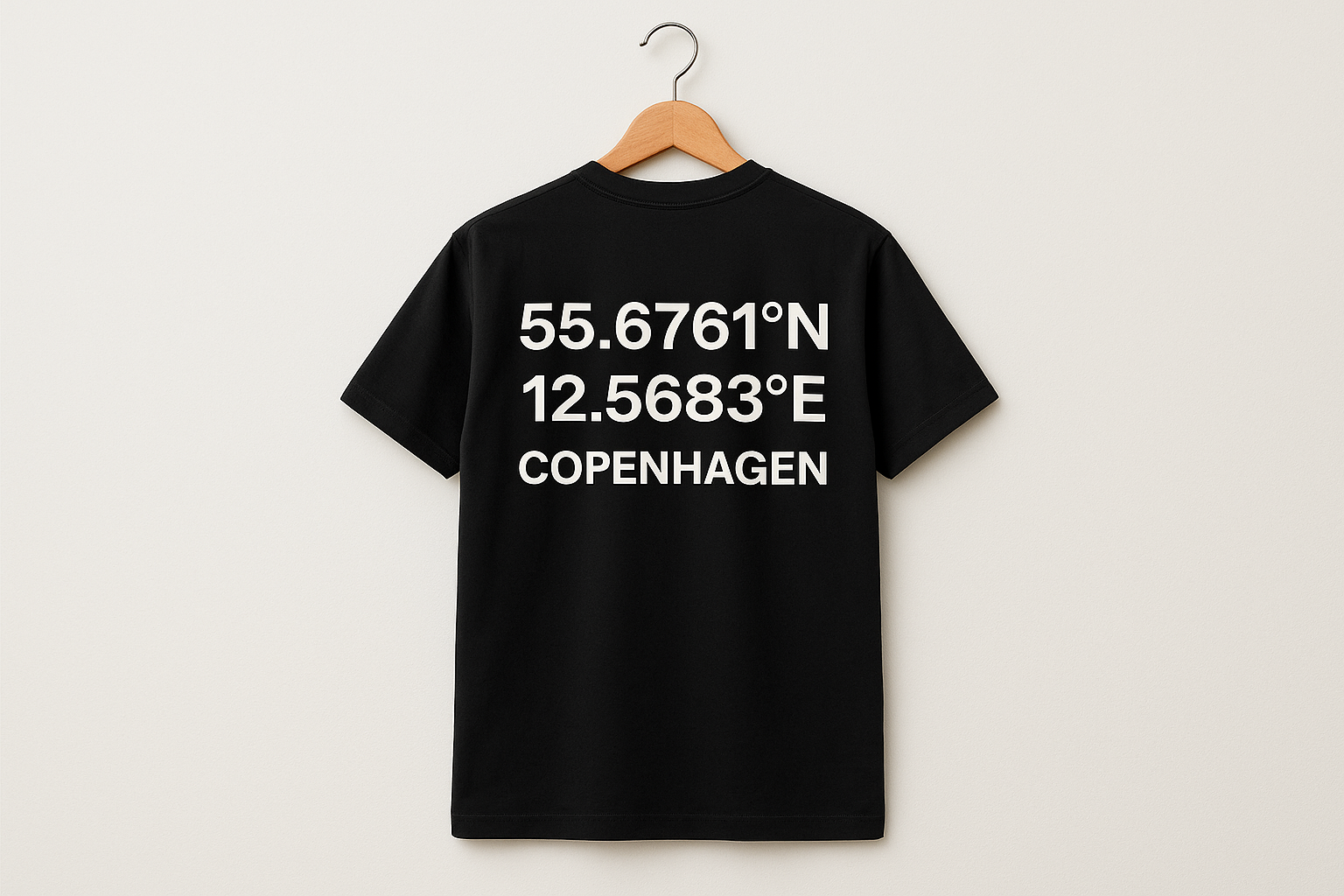 Sort t-shirt bagside med koordinater på bøjle